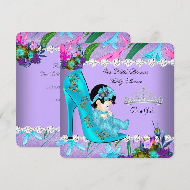 Baby Shower Girl Teal Purple Floral Shoe Invitation (Front/Back)