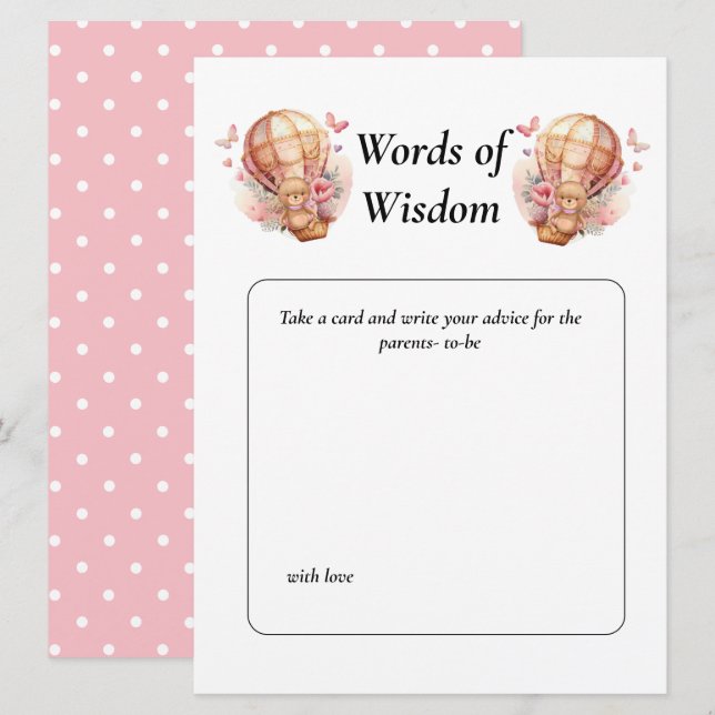 Baby Shower Girl Teddy Balloon Floral Wisdom Invitation (Front/Back)