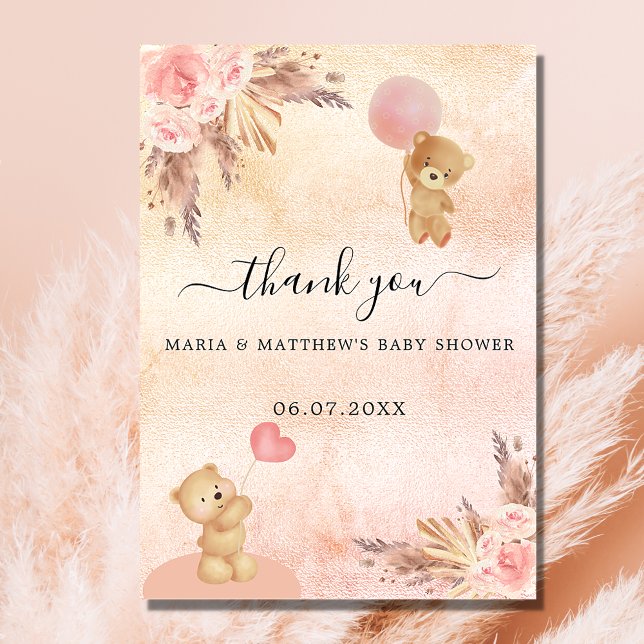 Baby Shower girl teddy bear pampas grass floral Invitation (Creator Uploaded)