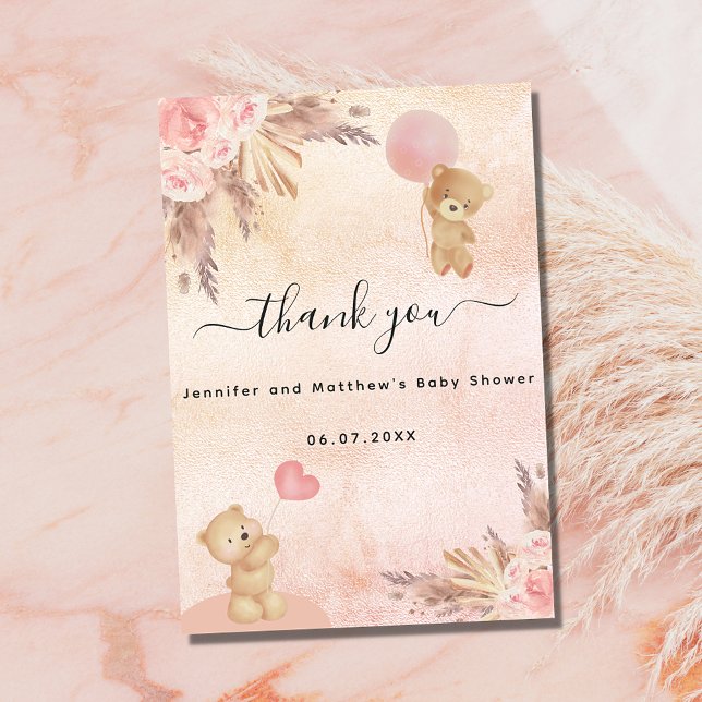 Baby Shower girl teddy bear pampas grass floral Thank You Card (Creator Uploaded)