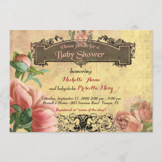 Baby Shower girl,vintage,art-deco,old paper,roses. Invitation