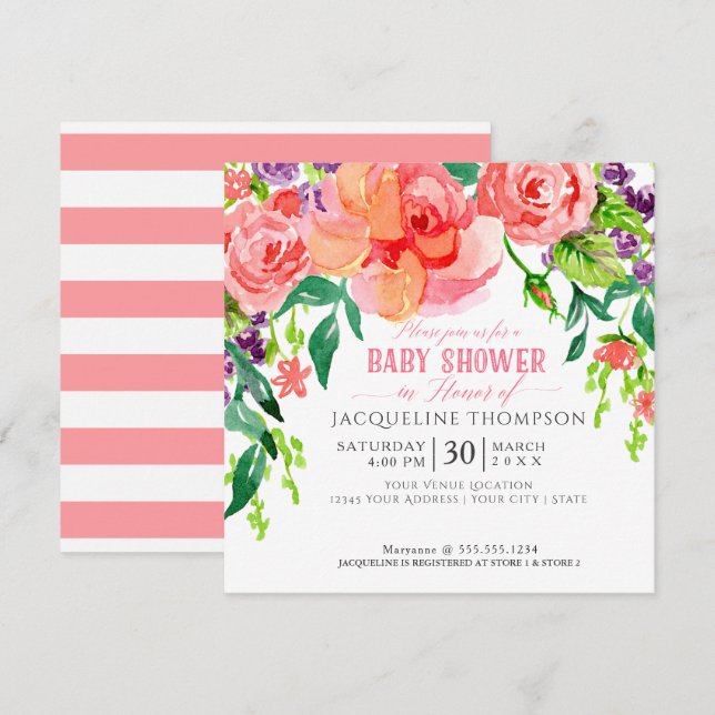 Baby Shower Girl Watercolor Modern Bright Floral Invitation (Front/Back)