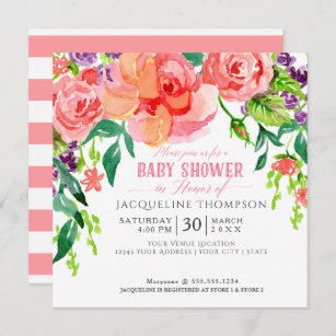 Baby Shower Girl Watercolor Modern Bright Floral Invitation