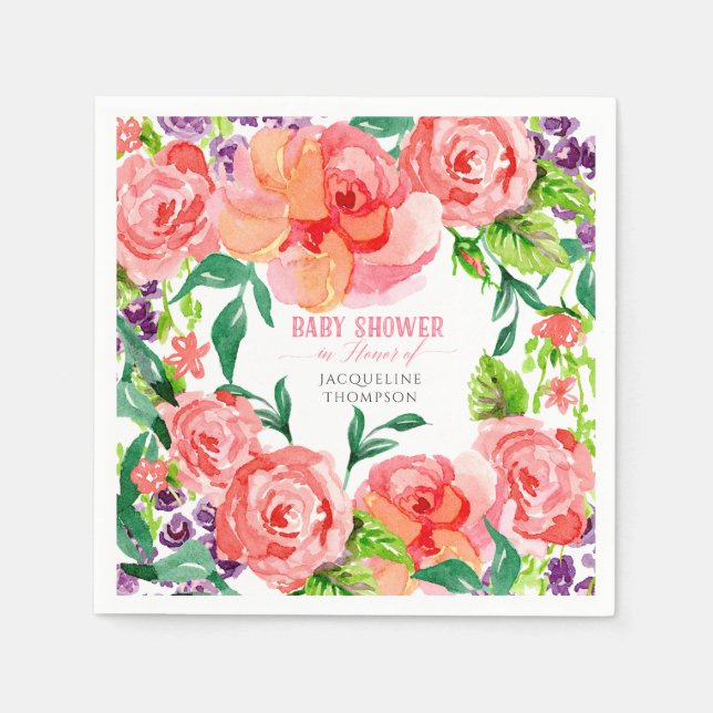 Baby Shower Girl Watercolor Modern Flowers Roses Napkin (Front)