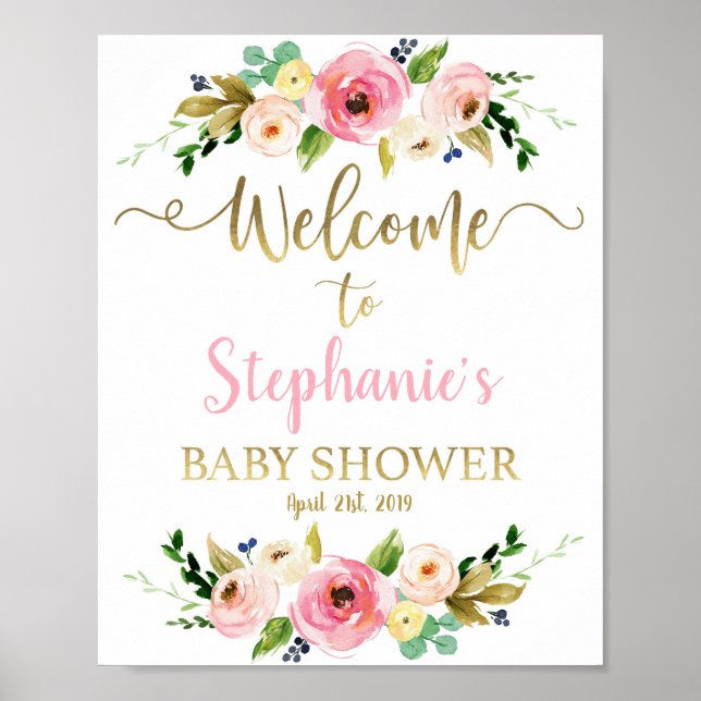 Baby shower girl welcome sign, floral girl poster (Front)
