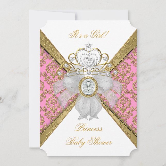 Baby Shower Girl White Pink Princess Damask 2 Invitation (Front)