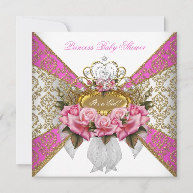 Baby Shower Girl White Pink Princess Damask Rose 2 Invitation (Front)