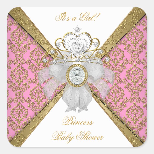 Baby Shower Girl White Pink Princess Damask Square Sticker (Front)