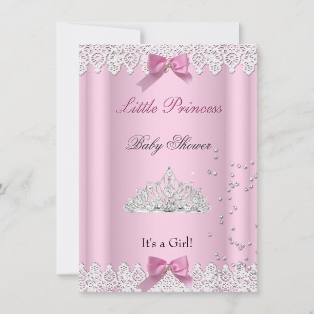 Baby Shower Girl White Pink Princess Tiara Lace Invitation (Front)