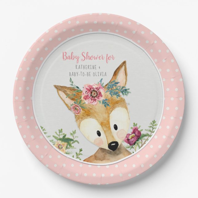 Baby Shower Girl Woodland Animals Boho Deer Floral Paper Plate (Front)