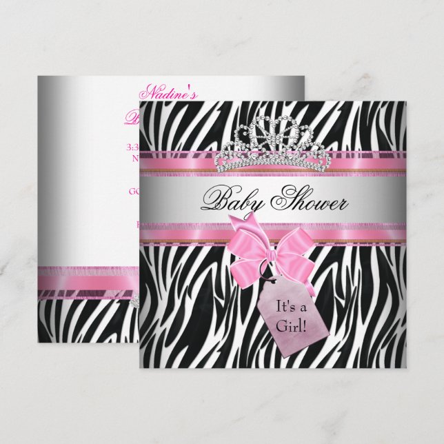 Baby Shower Girl Zebra Pink Princess Black Invitation (Front/Back)