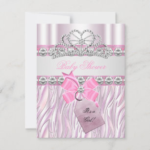 Baby Shower Girl Zebra Pink Princess Tiara Diamond Invitation