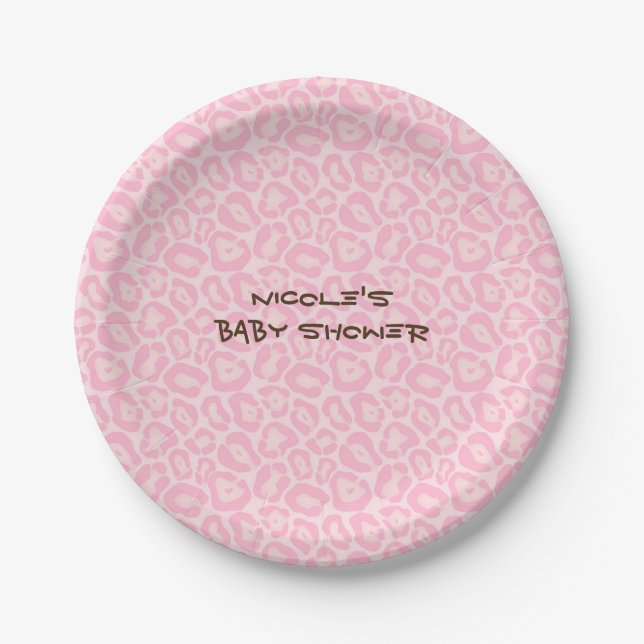 Baby Shower Girls Pink Safari Cheetah Leopard Paper Plate (Front)