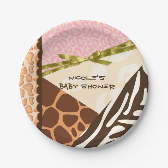 Baby Shower Girls Pink Safari Print Themed Plates (Front)