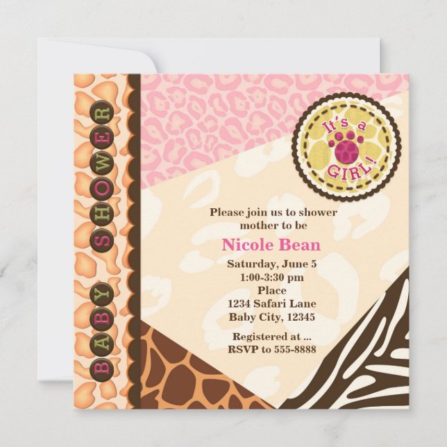 Baby Shower Girls Pink Safari Theme Invitations (Front)