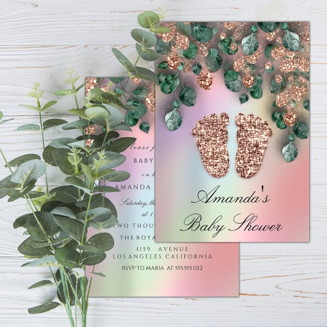 Baby Shower Glitter Feet Rose Glitter Green  Invitation (Baby Shower Glitter Feet Rose Glitter Green Invitation)