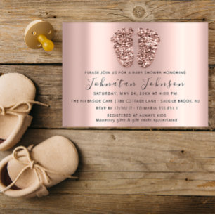 Baby Shower Glitter Rose  Gold Feet Grey Boy Girl Invitation