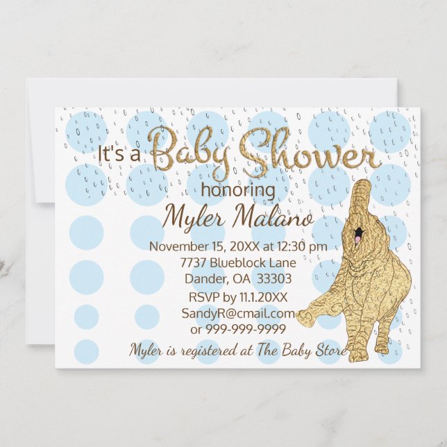 Baby Shower Gold Blue White Baby Elephant Invitation (Front)