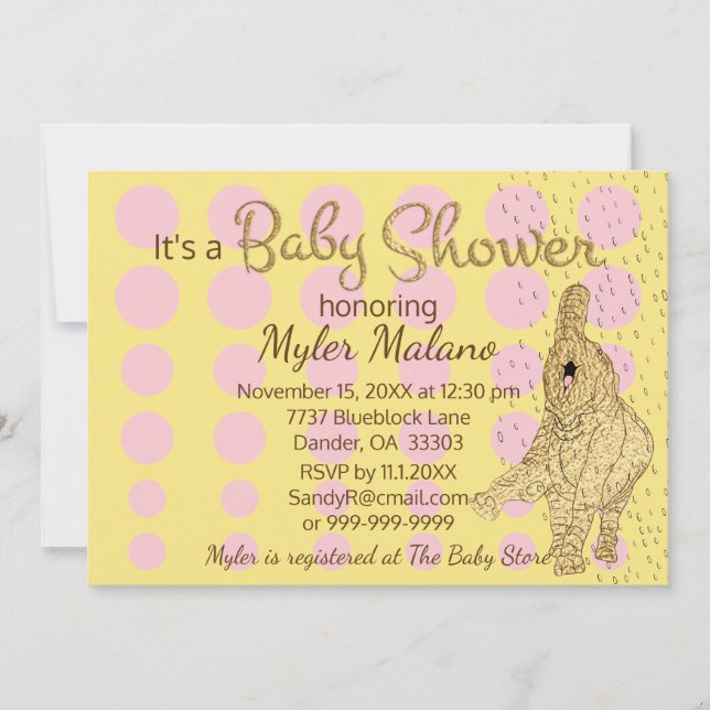 Baby Shower Gold Pink Baby Elephant Invitation (Front)