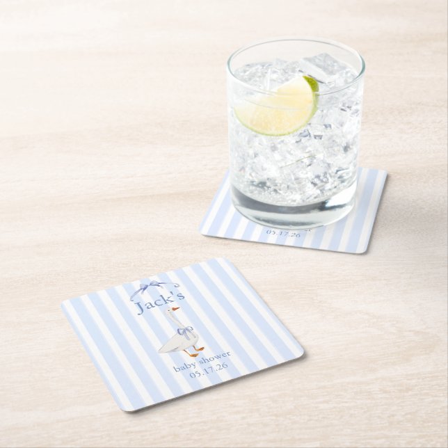 Baby shower goose blue square paper coaster (Insitu)