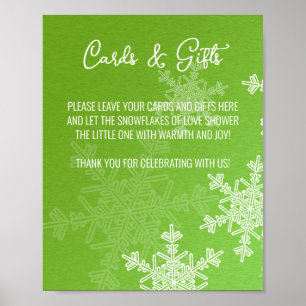Baby Shower Green Snowflakes Cards and Gifts Sign