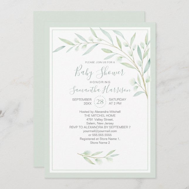 Baby Shower Greenery Elegant Watercolor Foliage Invitation (Front/Back)