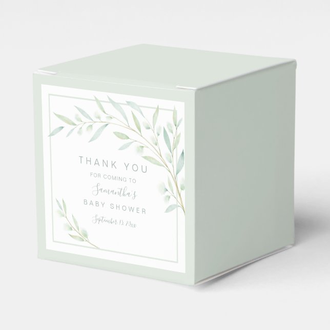 Baby Shower Greenery Elegant Watercolor Leaves Favour Box (Front Side)