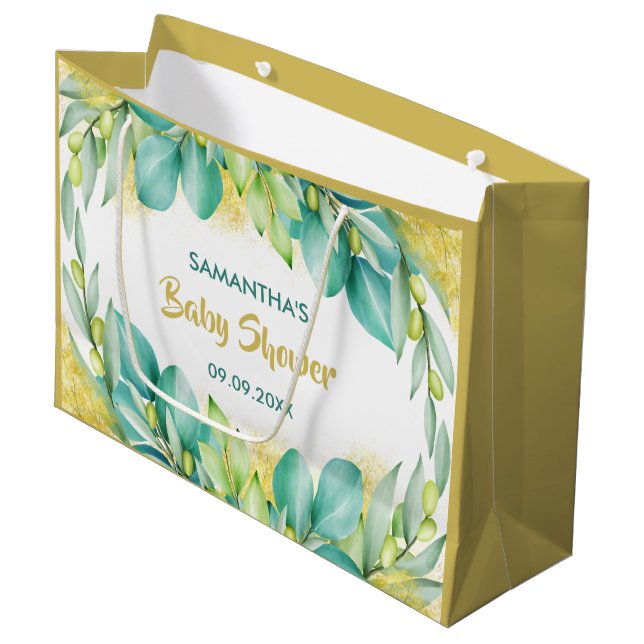 Baby Shower Greenery Eucalyptus Olive Branches Large Gift Bag (Front Angled)