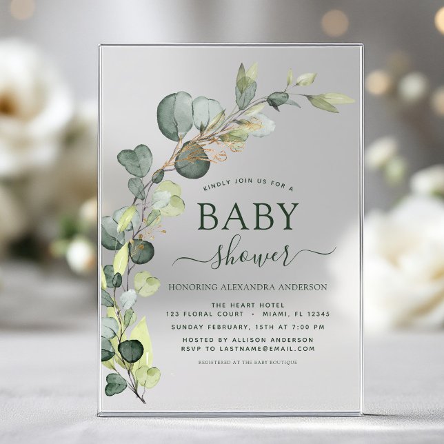Baby Shower Greenery Eucalyptus Succulent Elegant Acrylic Invitations (Creator Uploaded)