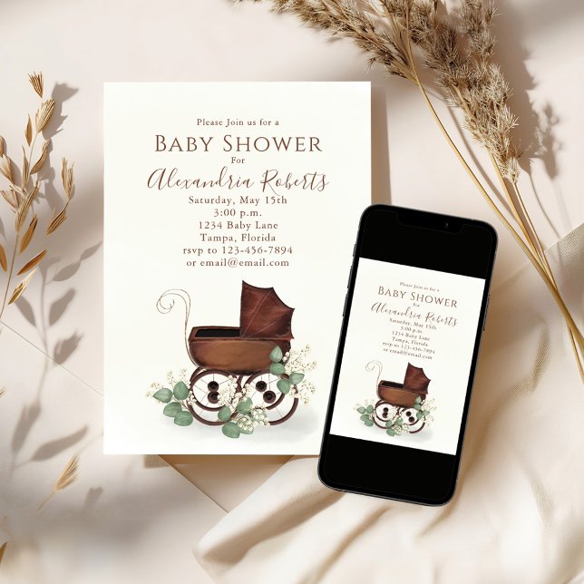 Baby Shower Greenery Watercolor Modern Eucalyptus Invitation (Baby shower vintage style invitation, )