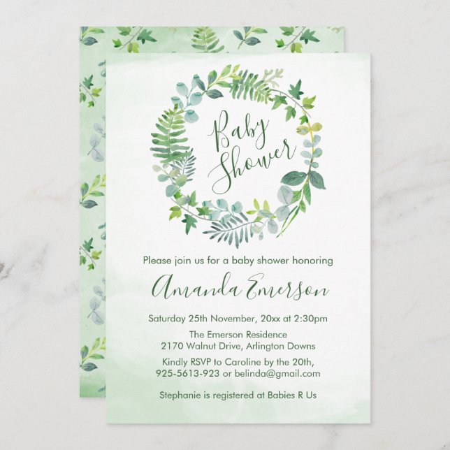 Baby Shower Greenery Wreath Botanical Invitation (Front/Back)
