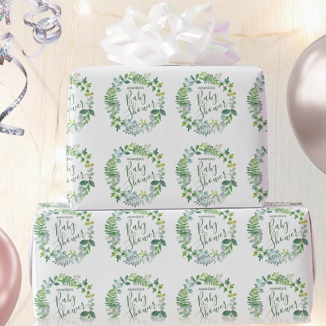 Baby Shower Greenery Wreath Personalized Name Wrapping Paper (Creator Uploaded)