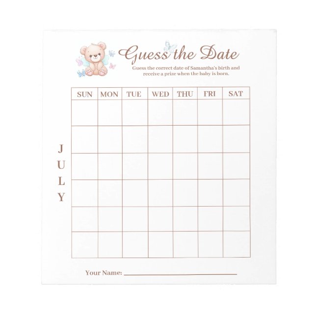 Baby Shower Guess the Date Game Activity Notepad (Front)