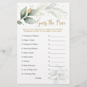 Baby Shower Guess the Price Game Greenery Foliage Stationery