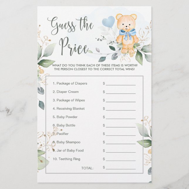 Baby Shower Guess the Price Game Teddy Bear Statio (Front)