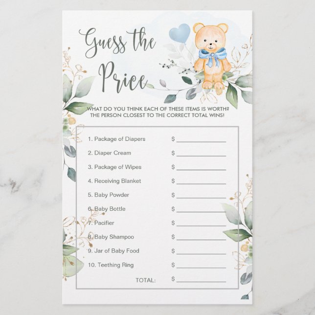 Baby Shower Guess the Price Game Teddy Bear Stationery (Front)