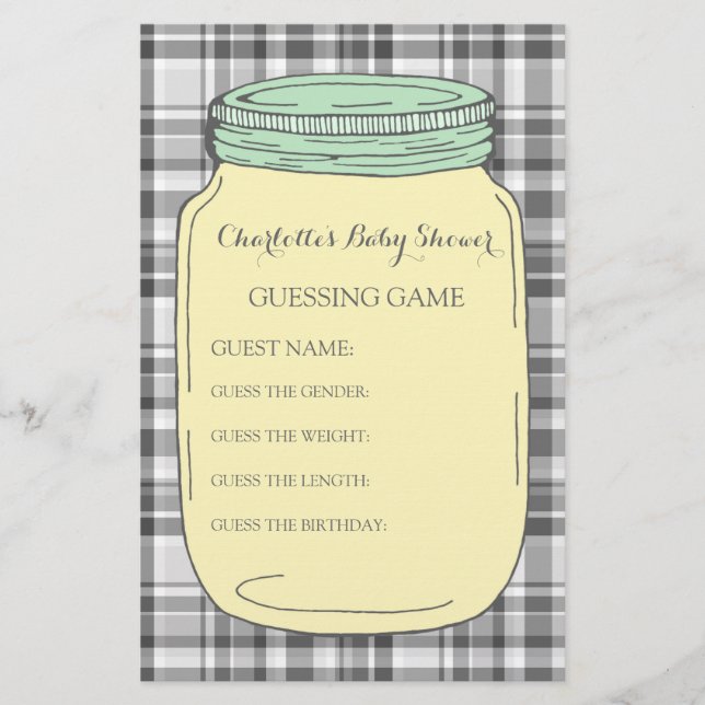 Baby Shower Guessing Game Yellow Mint Mason Jar Stationery (Front)