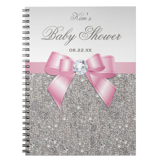 Baby Shower Guestbook Faux Silver Sequins Pink Bow Spiral Notebook (Front)