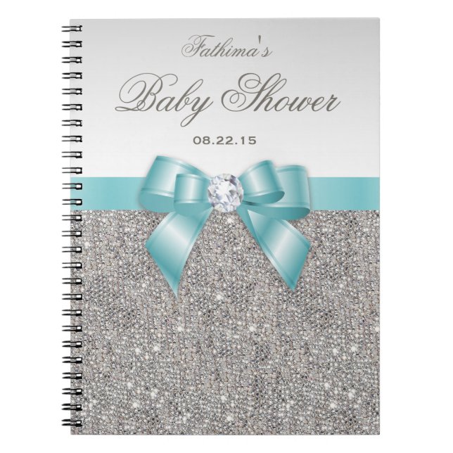 Baby Shower Guestbook Faux Silver Sequins Teal Bow Spiral Notebook (Front)