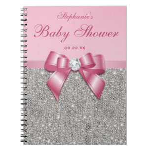 Baby Shower Guestbook Silver Sequins Pink Bow Spiral Notebook
