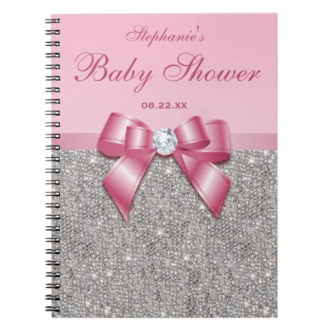 Baby Shower Guestbook Silver Sequins Pink Bow Spiral Notebook (Front)