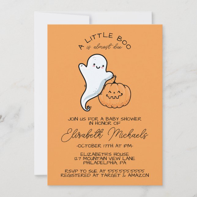 BABY SHOWER | Halloween Lil' Boo Ghost & Pumpkin Card (Front)