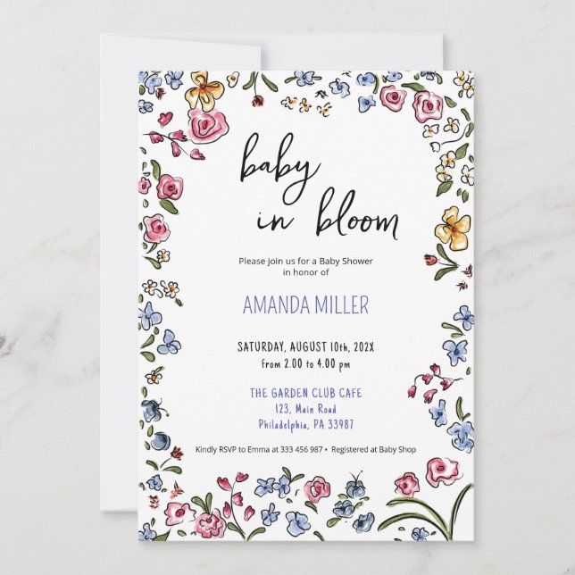 Baby Shower hand drawn wildflowers invitation (Front)