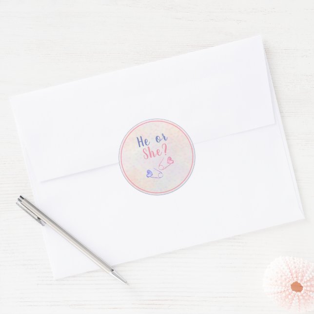 Baby Shower He or She Pink Blue Gender Reveal   Classic Round Sticker (Envelope)