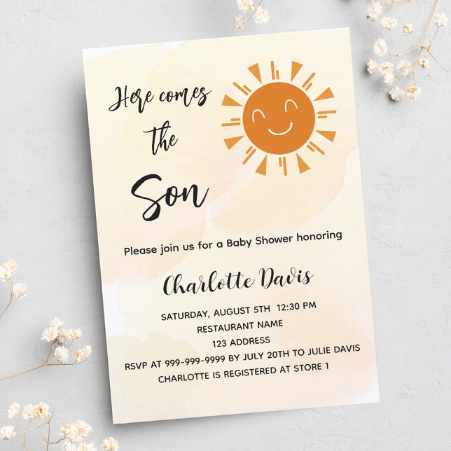 Baby Shower here comes the son sunshine golden Invitation Postcard (Creator Uploaded)