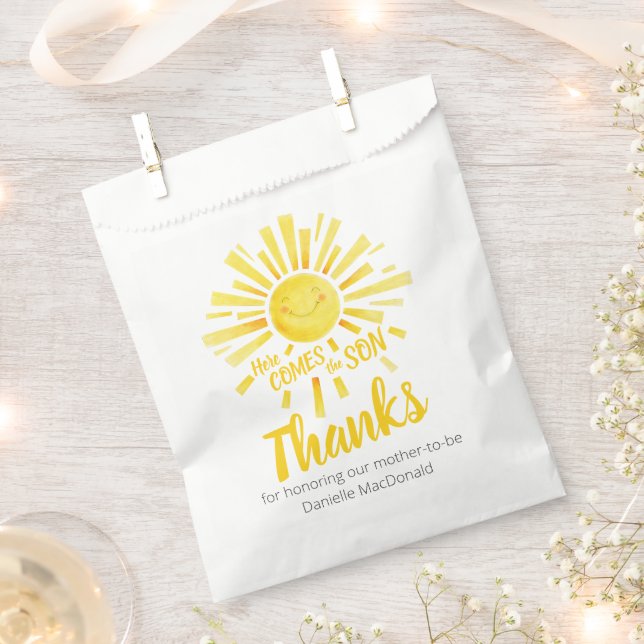 Baby shower here comes the sun yellow thank you  favour bags (Clipped)