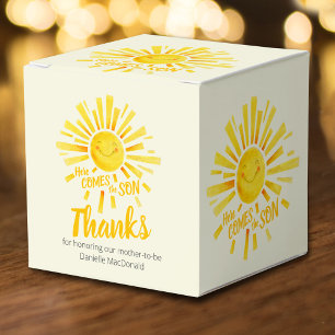 Baby shower here comes the sun yellow thank you favour box