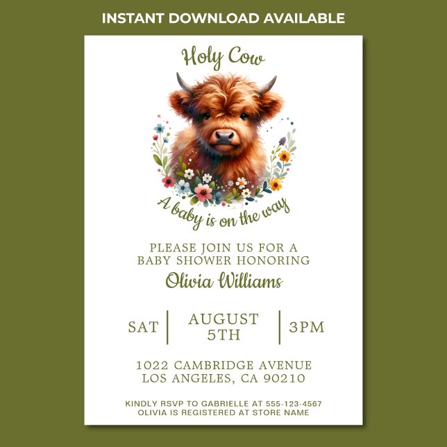 Baby Shower Highland Cow Watercolor Wildflower Invitation (Highland cow baby shower invitation)