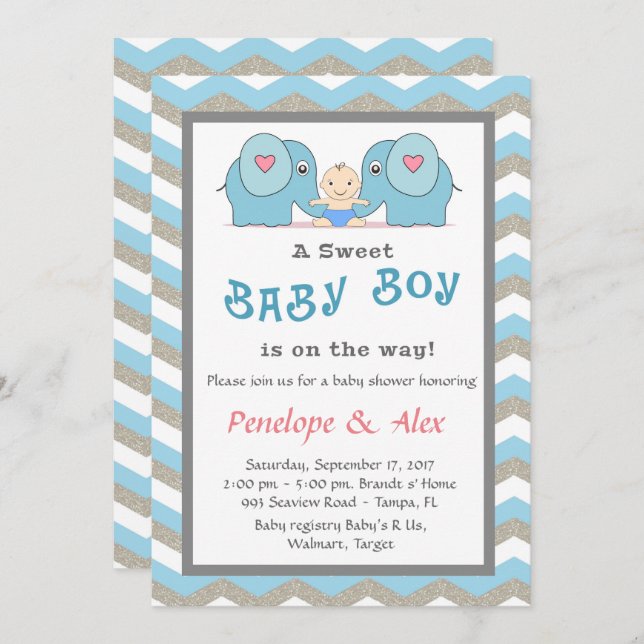 Baby Shower honouring Boy, blue, white, colour Invitation (Front/Back)
