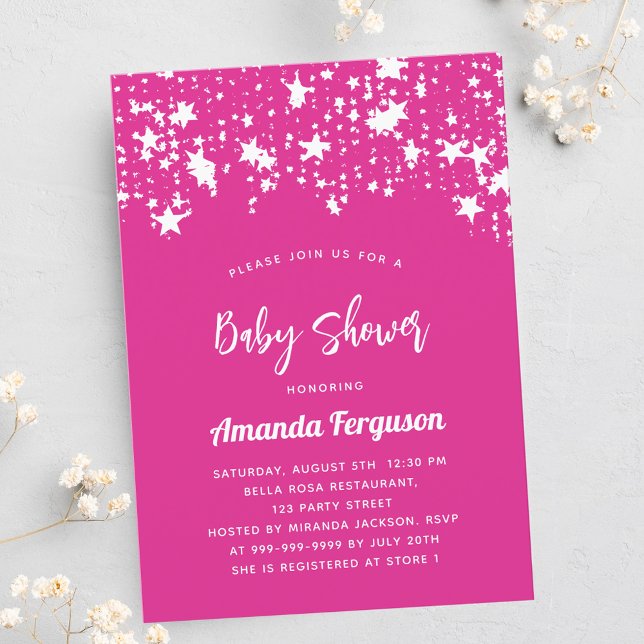 Baby Shower hot pink white stars girl Invitation Postcard (Creator Uploaded)